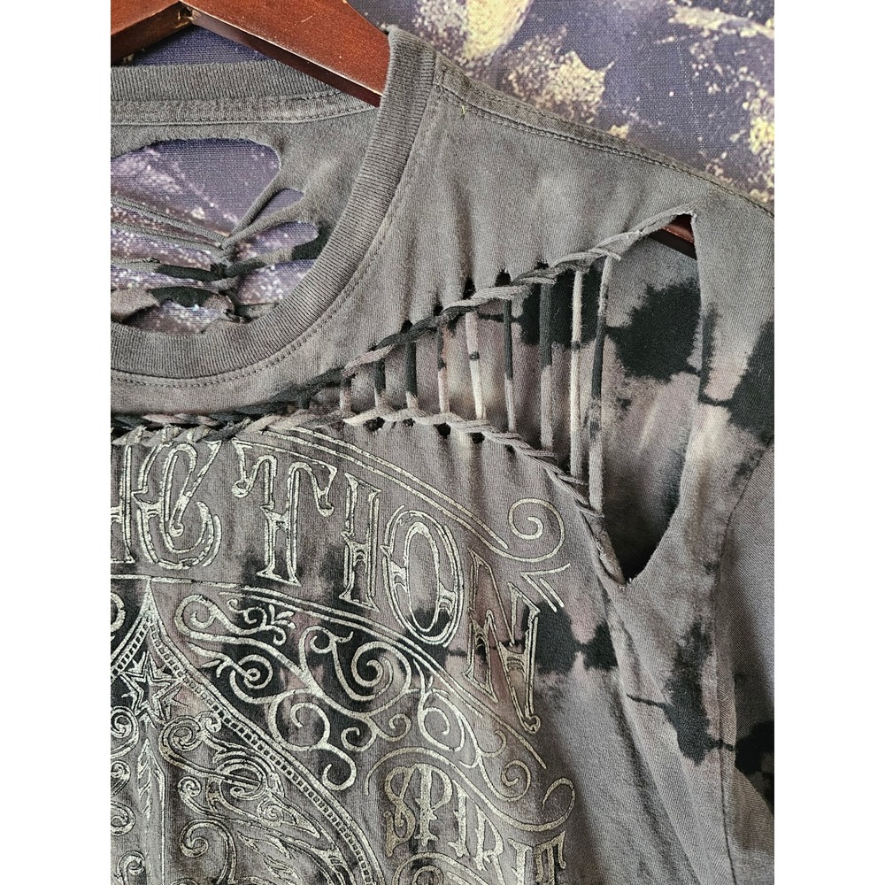 AFFLICTION Women Distressed Tie Dye Graphic‎ T Shirt Cut Out Ripped Gray L/XL - Picture 8 of 9
